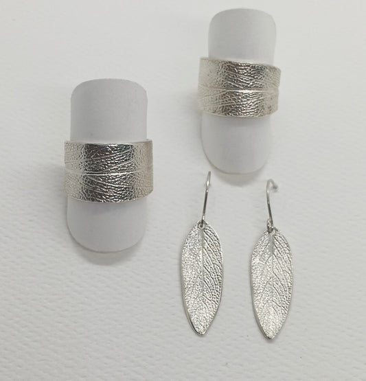 earrings and rings capture in sterling silver the intricate fine detailing of the natural sage leaf with its soft texture and edges