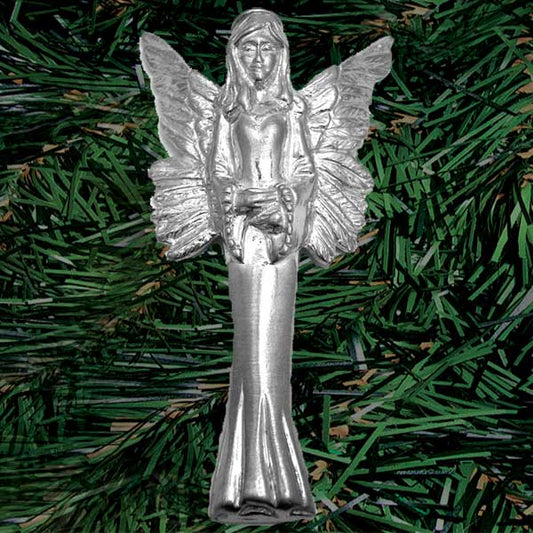 Elegant cast-pewter angel in a long slender gown standing with hands folded and wings extended (palm sized, single-sided)
