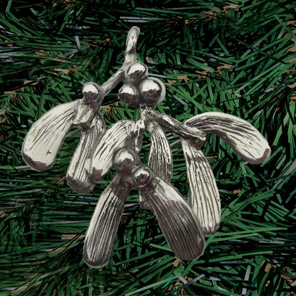 Finely detailed sprig of mistletoe with leaves and berries hand carved then die-cast in pewter (small-palm sized, single-sided)